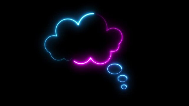 Glowing neon Animated thought bubble pop-up, cartoon comic cloud speech balloon outline, bold white chat bubble for text on black background. Cloud shaped thought speech balloon. speech icon.