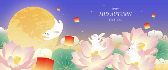 Naklejka na ściany i meble Mid Autumn Festival vector background wallpaper with two jade rabbits, mooncakes, teapot, glowing full moon, lotus flowers, clouds and purple mountain landscap