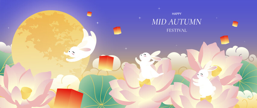 Mid Autumn Festival vector background wallpaper with two jade rabbits, mooncakes, teapot, glowing full moon, lotus flowers, clouds and purple mountain landscap
