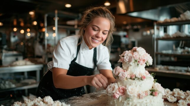 A talented baker meticulously decorates a three-tier wedding cake with delicate pink flowers, showcasing skill and artistry in a bustling kitchen environment.