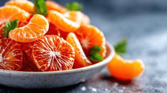 A bowl filled with vibrant oranges and mandarin slices, arranged artistically on a rustic table, exudes freshness and the natural beauty of seasonal fruits.
