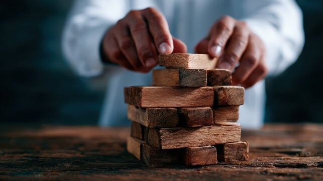 Hands carefully stacking wooden blocks on a rustic table, illustrating concentration, creativity, and the foundational steps of building something meaningful.