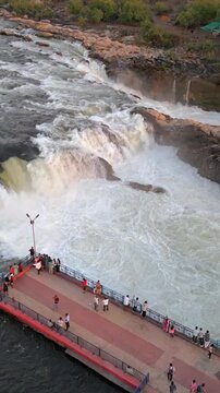 Vertical Aerial View of Dhuandhar Falls, Bhedaghat, Jabalpur, Madhya Pradesh, India