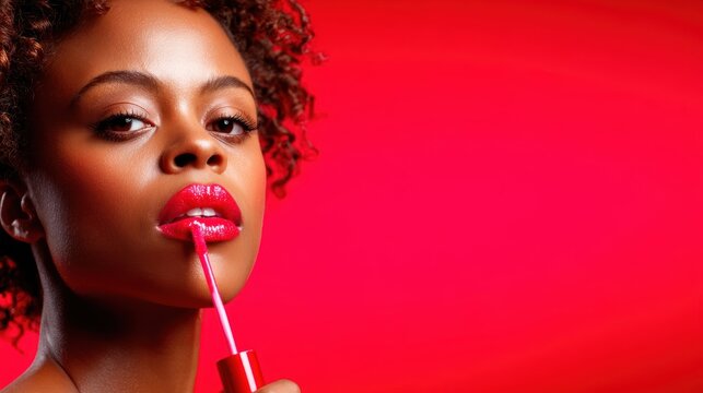 This striking image portrays a woman applying vibrant red lip gloss against a bold red background, showcasing confidence, beauty, and the power of self-expression and glamour.