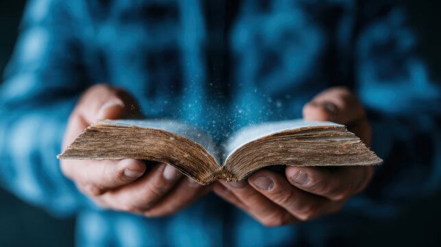 A pair of hands holds an ancient, open book, surrounded by swirling dust particles, symbolizing the magic of knowledge and the timeless connection between reader and storyteller.