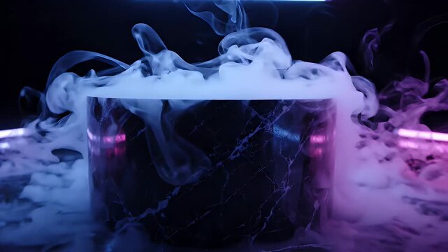 Neon Lit Product Podium with Smoke in Dark Scene - A dark, atmospheric scene features a marble-patterned product podium enveloped in thick, swirling smoke.