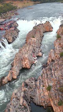 Vertical Aerial View of Dhuandhar Falls, Bhedaghat, Jabalpur, Madhya Pradesh, India