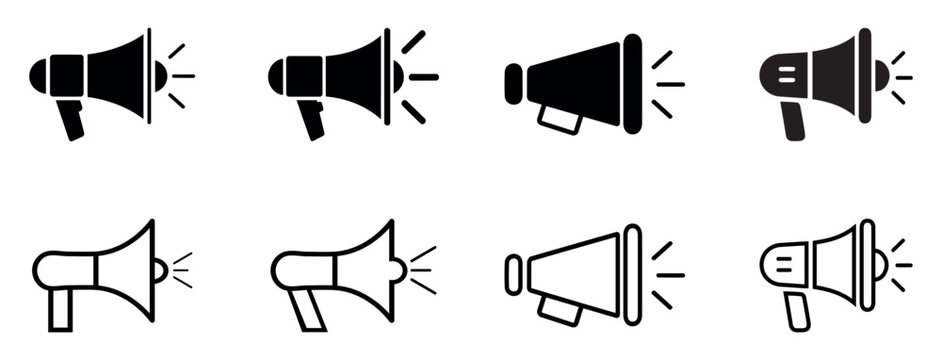 Set of black megaphone icons. Megaphone icon set. Electric megaphone with sound or marketing advertising. Megaphone icon, loud speaker icon