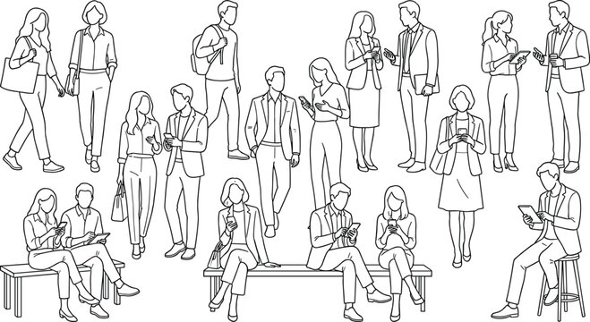 Line art vector illustration set of people using smartphones and digital tablets
