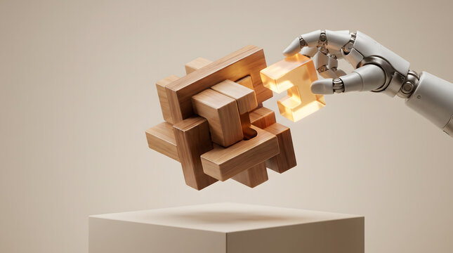Robot arm solving floating wooden interlocking puzzle