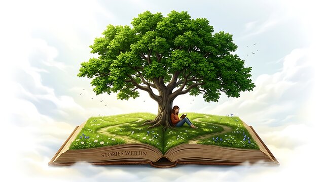 A large green tree growing out of an open book representing knowledge and nature connection
