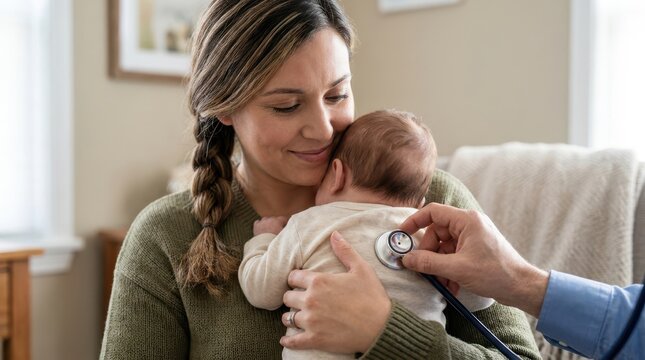 A caring pediatrician checking baby heartbeat with stethoscope while mother holds infant securely.