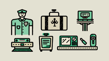 Security officer and technical equipment icons represent safety protocols and modern surveillance systems. © Sami