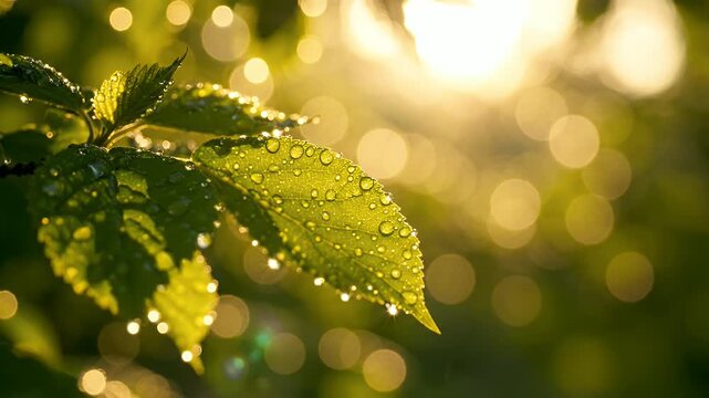 Dew Drops on Green Leaves with Golden Sunlight Bokeh - Close-up of fresh green leaves covered in sparkling dew drops, illuminated by warm sunlight creating a beautiful bokeh effect in the background.
