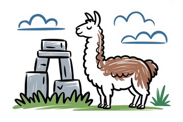 Obraz premium Cute llama standing near ancient stone ruins in hand drawn sketch style for historic landmark travel tour, history concept