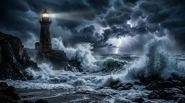 Lighthouse standing during a dark stormy ocean night