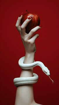 Concepto de tentaci&oacute;n con mano femenina sosteniendo una manzana roja y serpiente blanca enroscada en el brazo