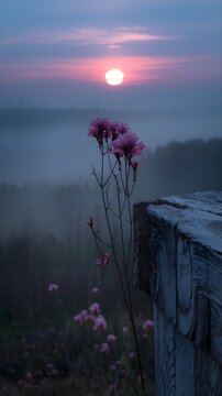 Flores rosadas silvestres al amanecer con sol naciente entre la niebla y horizonte al fondo