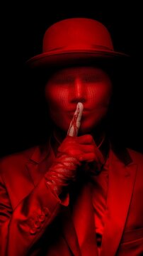 Retrato conceptual de hombre con sombrero e iluminaci&oacute;n roja pidiendo silencio con el dedo en los labios