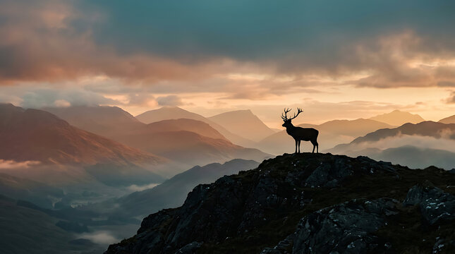A proud stag stands atop a rocky mountain peak while overlooking a vast valley during the golden hour as the setting sun casts a warm glow over the rolling highlands and the dramatic cloudy sky