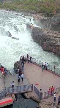 Vertical Aerial View of Dhuandhar Falls, Bhedaghat, Jabalpur, Madhya Pradesh, India