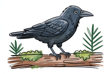 Obraz premium Black crow raven bird perched on mossy log in hand drawn sketch style for forest wildlife avian nature art, wildlife concept