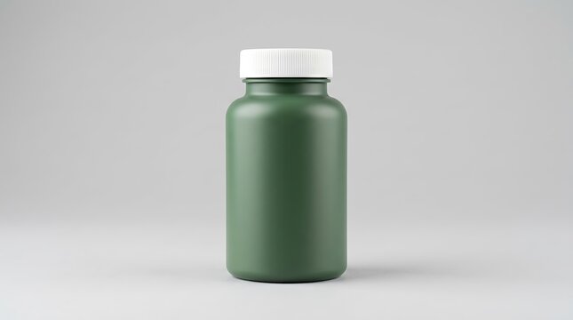 Matte Green Plastic Supplement Bottle with White Screw-On Cap Isolated on Gray Background