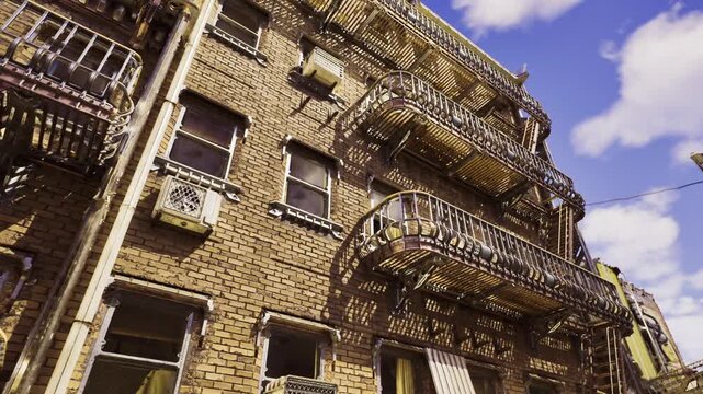 close architectural study showing brick wall, iron fire escapes, window details and dramatic shadows, cinematic mood suited for film set moodboards and design