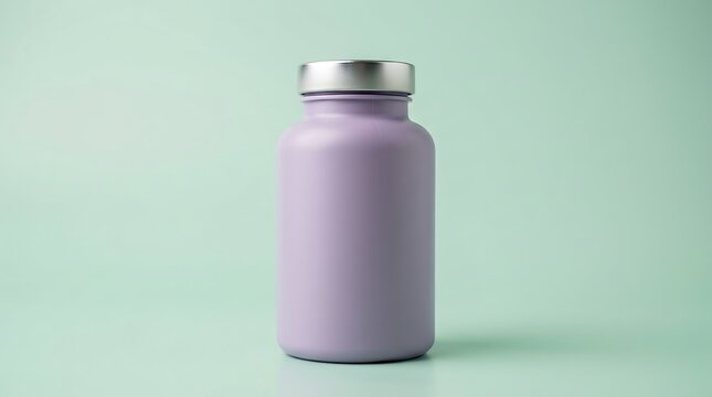 Matte Lavender Water Bottle with Silver Cap on Pastel Green Background