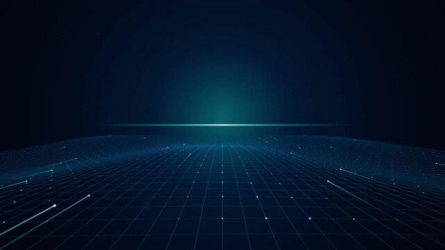 Abstract blue technology grid background with glowing digital light lines and data particles