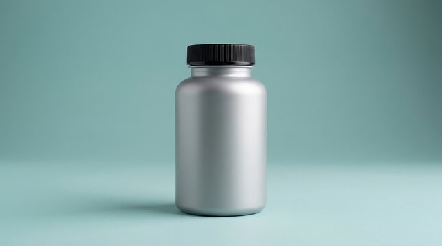 Matte Silver Supplement Bottle With Black Cap On A Teal Background