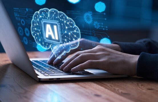 Programmer using laptop with AI coding assistant for software development and automation. Artificial intelligence generates code, detects bugs, optimizes workflow, and supports application building