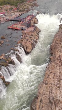Vertical Aerial View of Dhuandhar Falls, Bhedaghat, Jabalpur, Madhya Pradesh, India