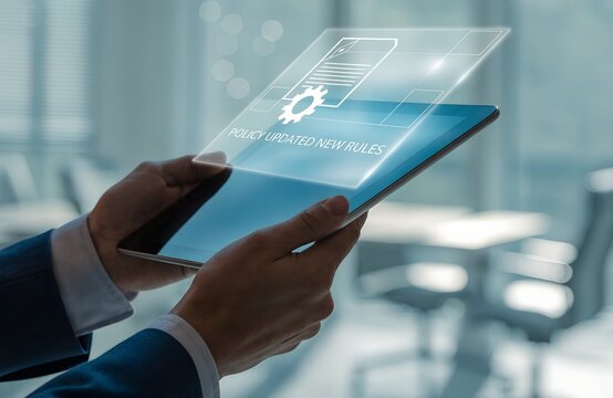 Business professional holding tablet with policy updated notification, Corporate compliance, new rules implementation, governance management, regulatory change, and digital documentation process.