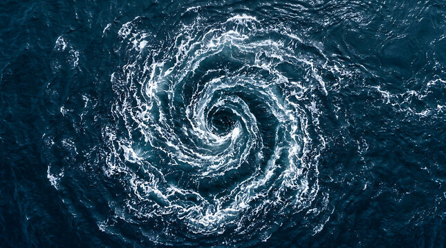 Deep blue ocean whirlpool spinning with powerful currents and frothy waves creating a natural circular vortex pattern in sea water during high tide weather conditions in the middle of vast waters