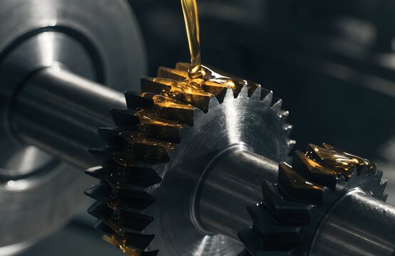Engine gear lubrication oil pouring on metal cogwheel. Industrial transmission machine rotating with golden liquid maintenance. Automotive mechanism technology working in slow motion.