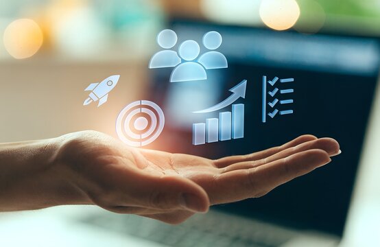 Business professional hand with digital CRM interface object performing client data management action through marketing technology in corporate environment