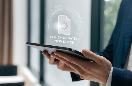 Business professional holding tablet with policy updated notification, Corporate compliance, new rules implementation, governance management, regulatory change, and digital documentation process.