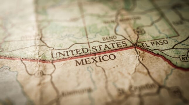 A close up view of vintage world map showing united states and mexico border detail.