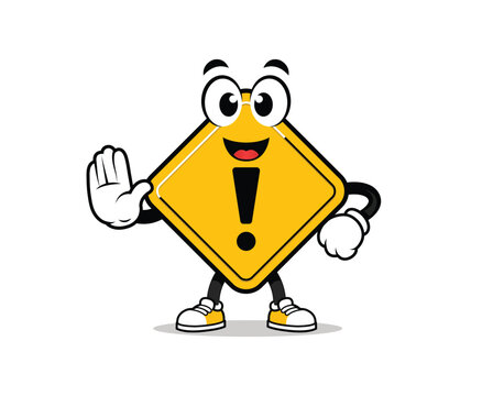 Cute Cartoon Warning Road Sign Mascot Character Waving with Exclamation Mark Isolated on White Background. Suitable for school zones, community alerts, and safety education.