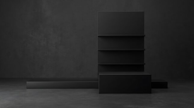 Minimalist Black Shelving Unit and Display Platform on Dark Textured Wall