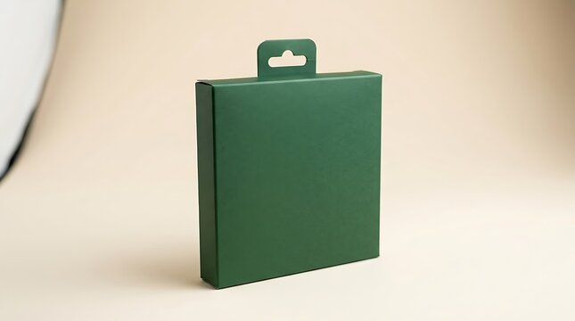 Minimalist Green Cardboard Box with Hanging Tab Against a Neutral Background
