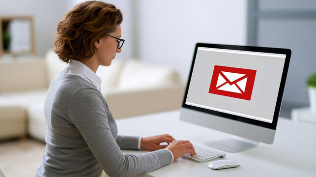 Organizing a busy email inbox with calm posture during a demanding but manageable office workflow is documented in a clean professional setting with a faceless European businesswoman in a