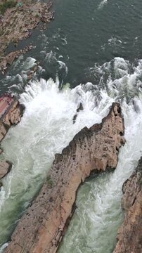 Vertical Aerial View of Dhuandhar Falls, Bhedaghat, Jabalpur, Madhya Pradesh, India