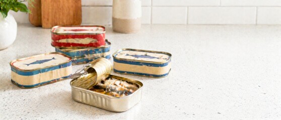 Sardine cans on kitchen counter with open tin showing fish, potential food concept © dvoevnore