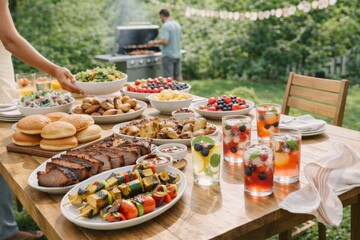 Outdoor courtyard barbecue party with diverse food dishes spread on wooden table © dvoevnore