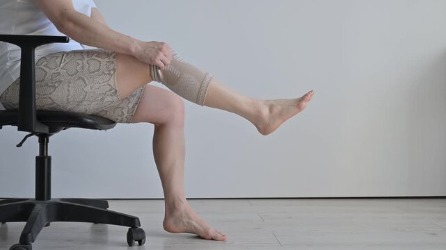 A Caucasian woman suffers from knee pain and wears a supportive elastic knee brace.