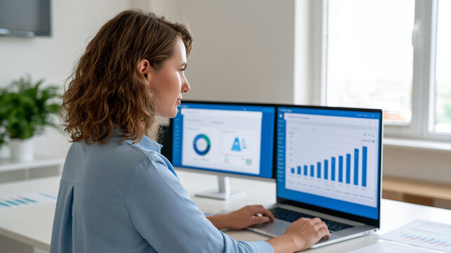 Checking data privacy compliance reports, consent records, and policy gaps on a secure laptop appears on generic screens beside a faceless young European professional woman in a bright