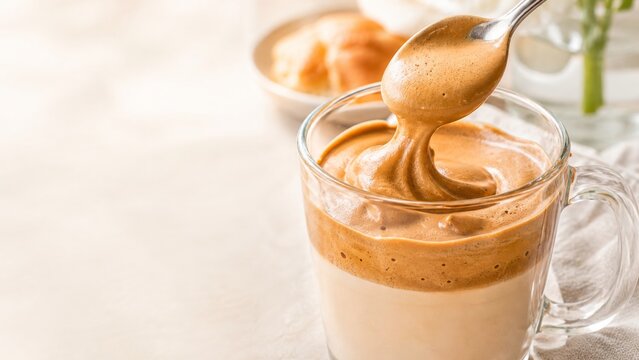Creamy dalgona coffee with textured frothy top in glass mug, sensory background