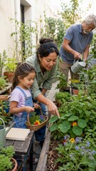 Family gardening at home garden, teaching child about plants, nature, learning © dvoevnore
